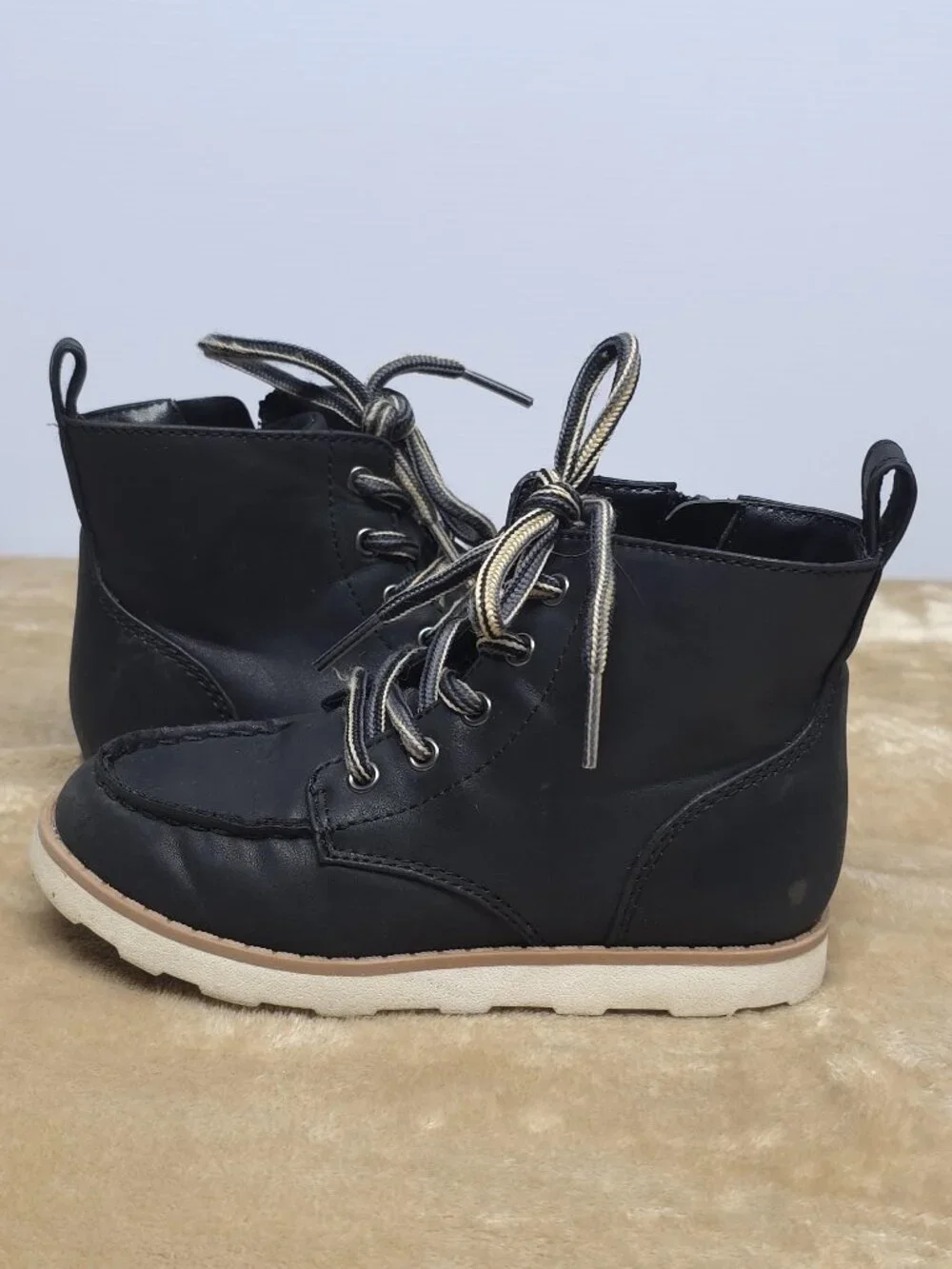 Cat & Jack Kids Size 10 Black Ankle Boots Lace Up Side Zip Moc Toe